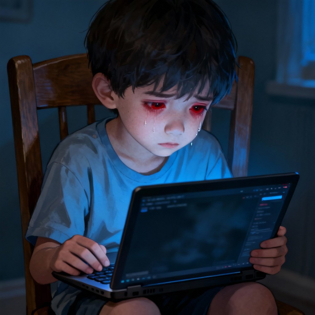 Emocjonalny portret dziecka z łzami w oczach patrzącego w ekran laptopa