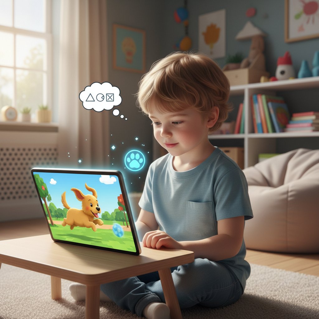 Dziecko uczy się z wirtualnym pieskiem na tablecie, kolorowa scena, skupiona twarz