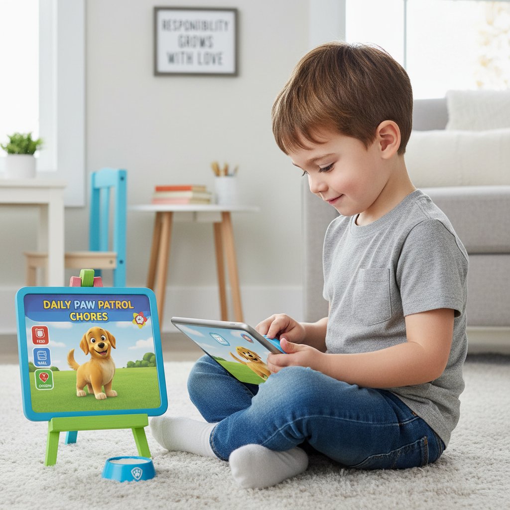Dziecko uczące się odpowiedzialności poprzez opiekę nad wirtualnym psem na tablecie