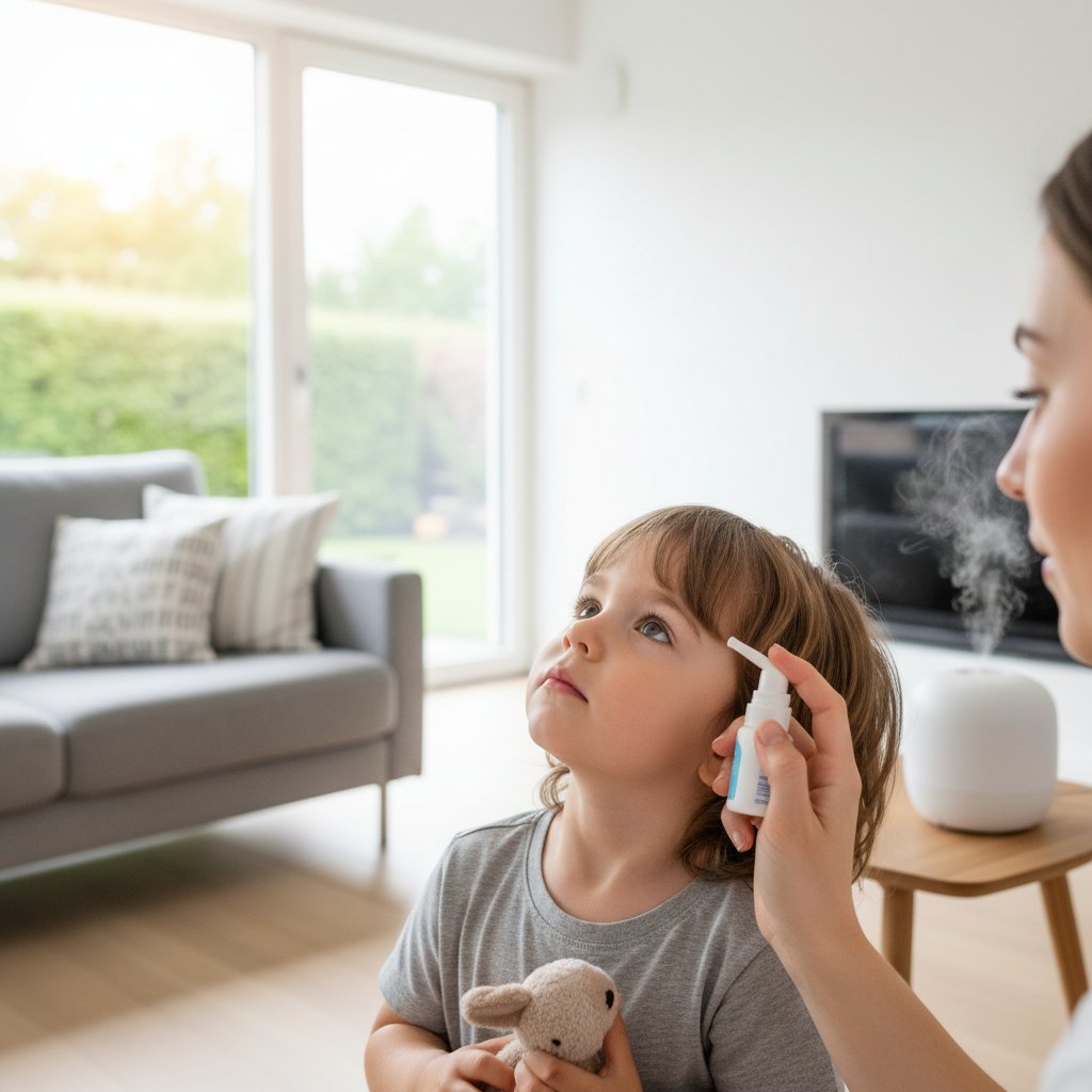 Dziecko stosujące spray do nosa w nowoczesnym wnętrzu domu