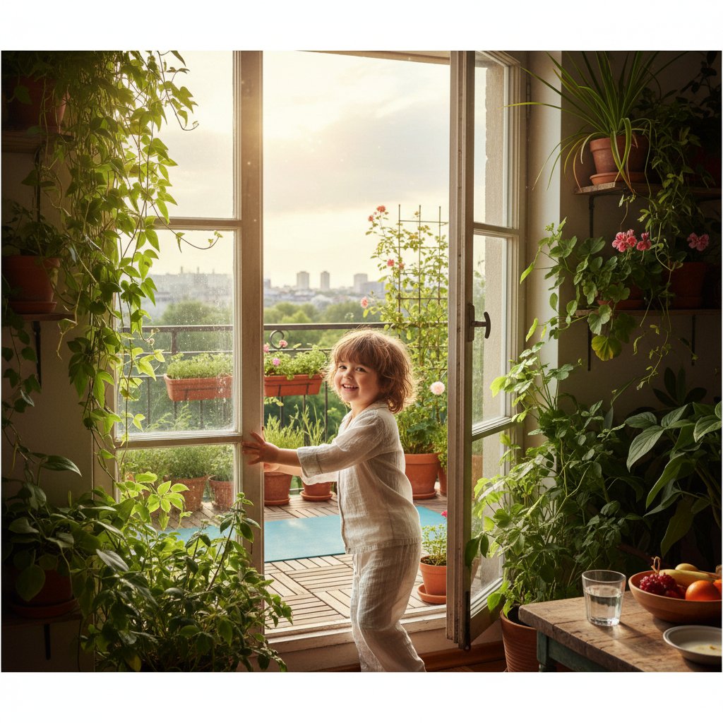Dziecko przy otwartym oknie, rośliny w tle, zdrowy styl życia – profilaktyka zapalenia zatok