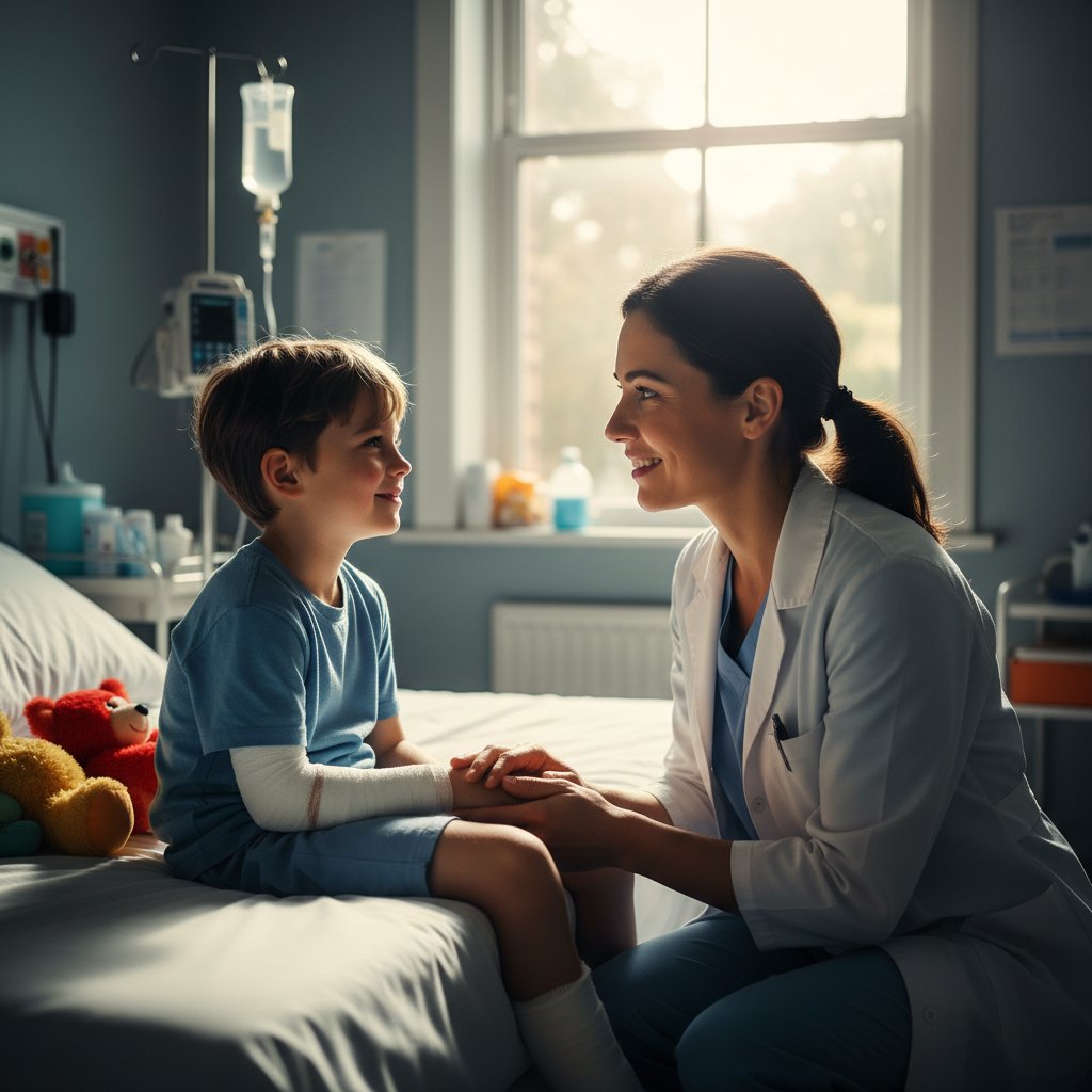 Traumatolog dziecięcy wspiera pacjenta w szpitalu, empatyczna atmosfera, dziecko z rodzicem, sala szpitalna