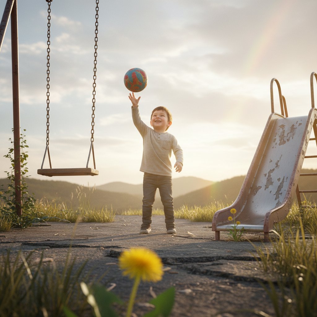 Dziecko bawiące się na zniszczonym placu zabaw – metafora wzrostu w trudnych warunkach