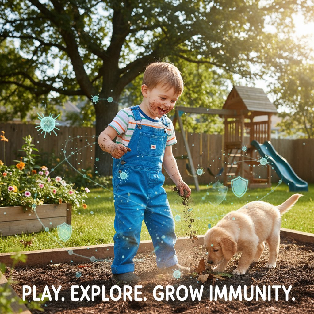 Dziecko bawiące się na zewnątrz, symbolizujące rozwój odporności poprzez kontakt z patogenami