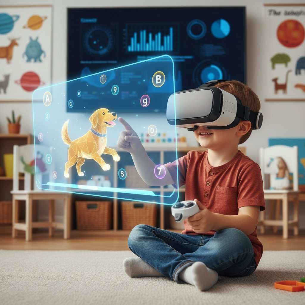 Dziecko grające na tablecie z wirtualnym psem - gry edukacyjne dla dzieci i psów