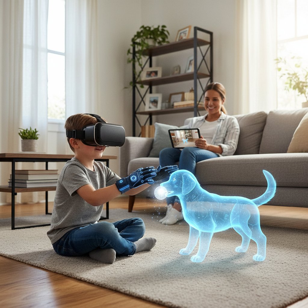 Dziecko bawiące się wirtualnym psem na tablecie, rodzic patrzy z dystansu, salon w tle