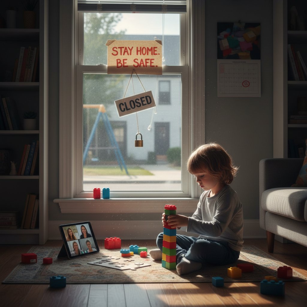Małe dziecko bawiące się samotnie w domu podczas lockdownu, symbol skutków pandemii na rozwój