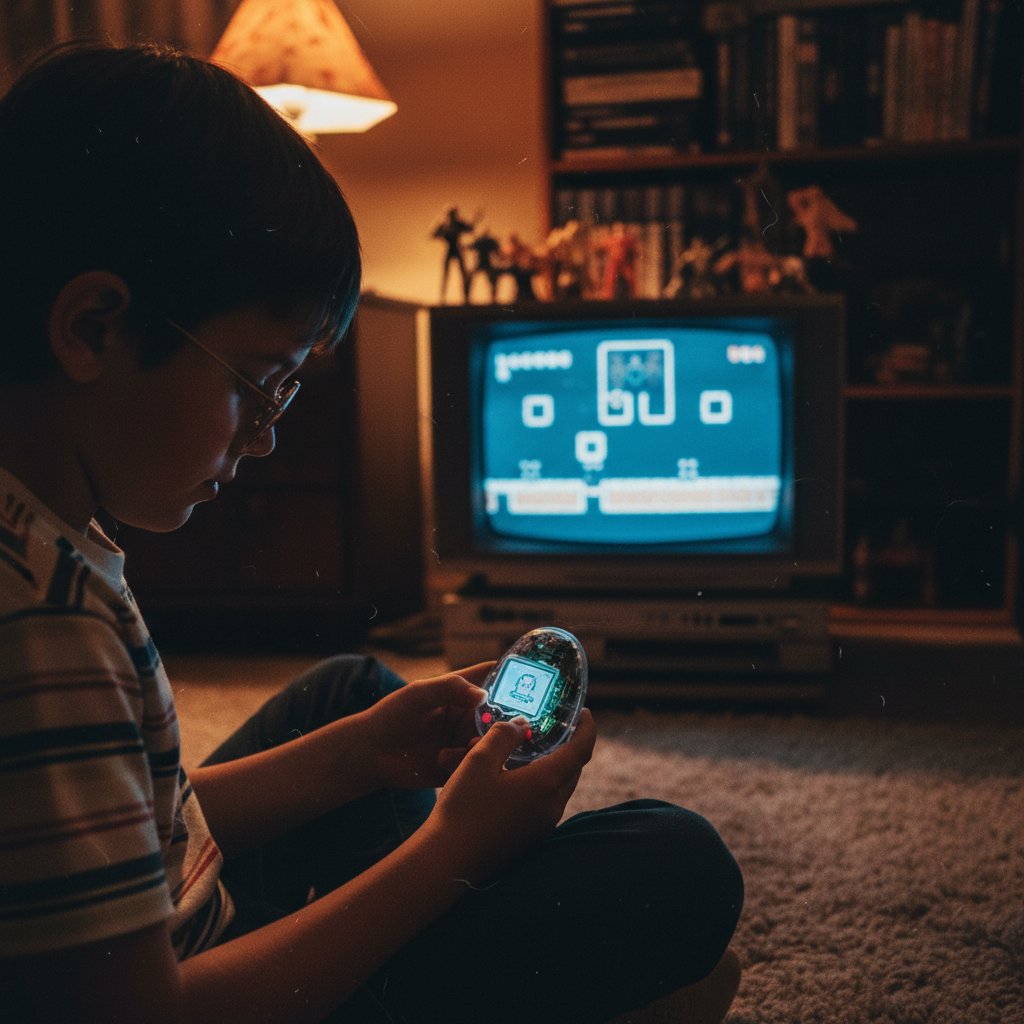 Dziecko z lat 90 bawiące się Tamagotchi, symbolizujące pierwszego wirtualnego psa, retro klimat