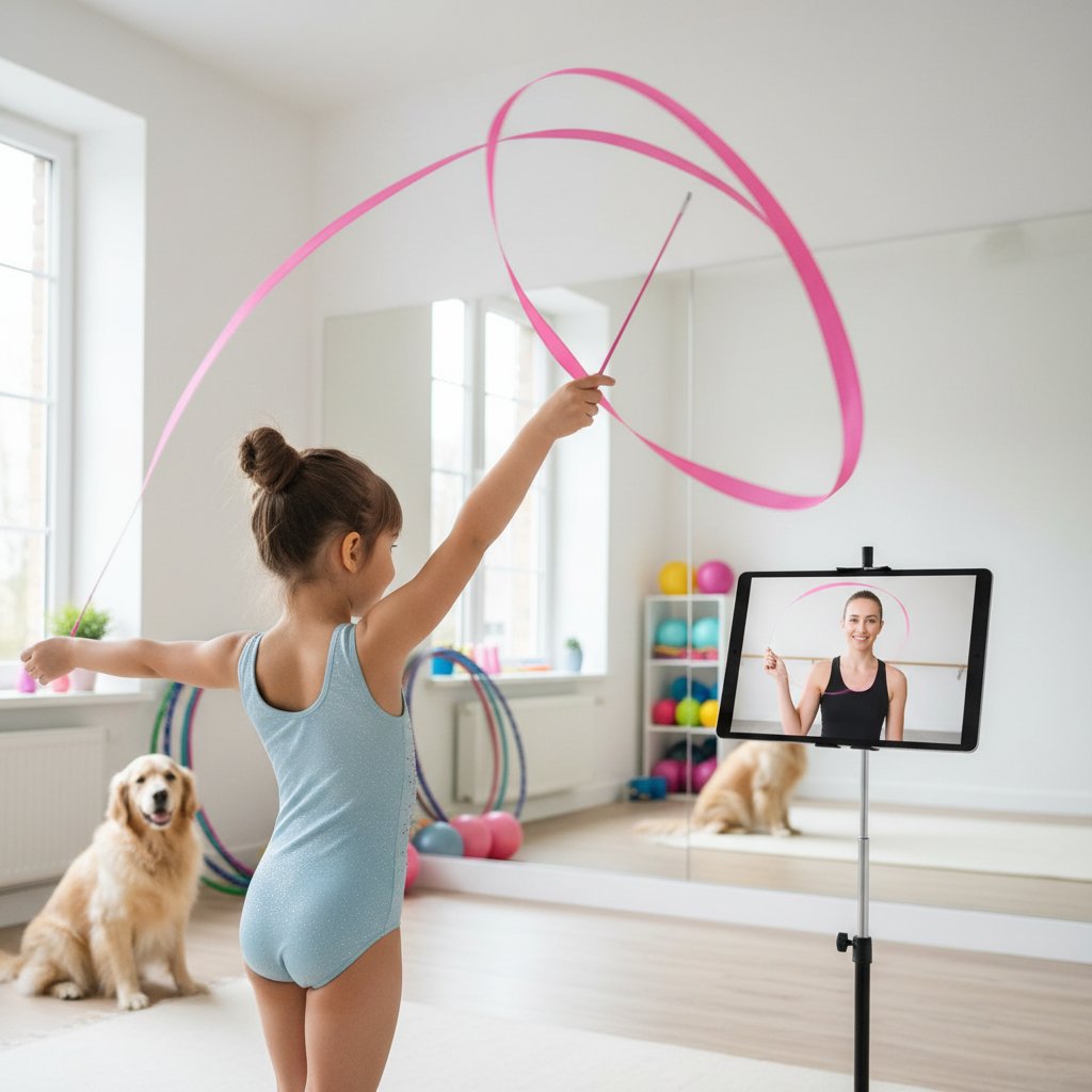 Dziecko wykonujące ćwiczenia rytmiczne z korepetytorem online, laptop na biurku, kolorowe klocki do zabawy rytmicznej