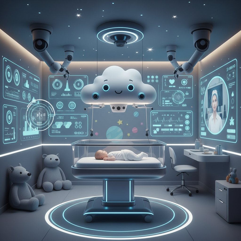 Nowoczesny pokój dziecięcy z interaktywną zabawką AI monitorującą dziecko, połączenie bezpieczeństwa i technologii