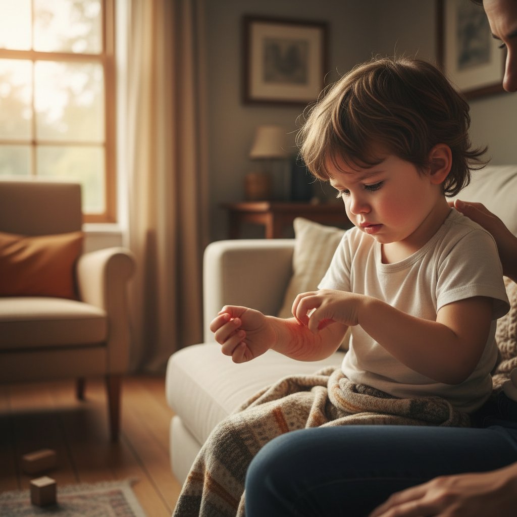 Dziecko drapiące wysypkę na ramieniu w domowym otoczeniu