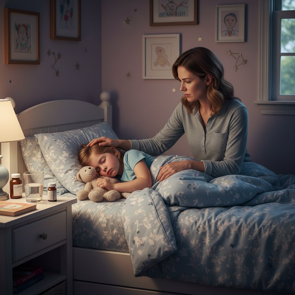 Dziecko śpiące w łóżku, obok zaniepokojony rodzic, domowa scena