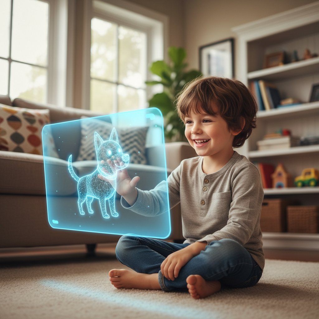 Dziecko uśmiechające się do wirtualnego pieska na ekranie