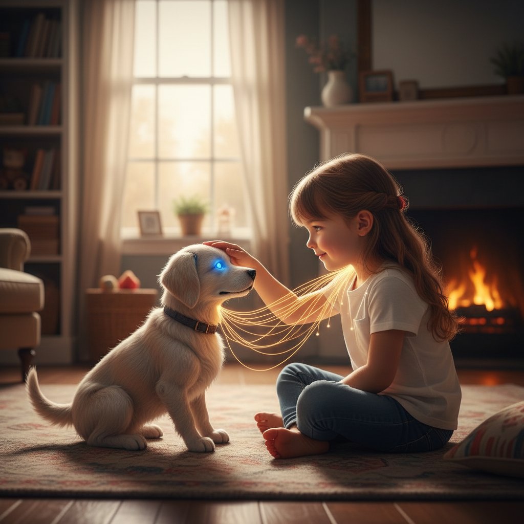 Dziecko rozmawiające z wirtualnym psem na ekranie, technologia AI, emocje