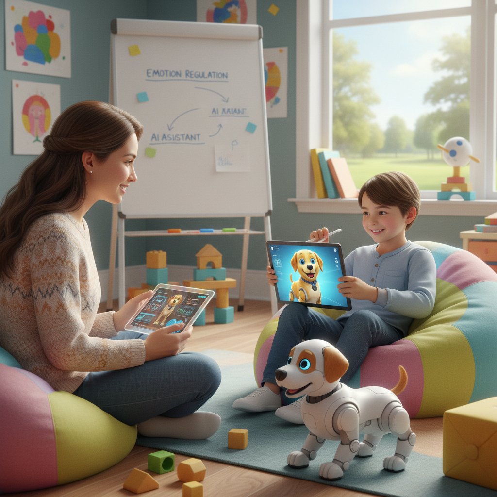 Dziecko podczas terapii z tabletem i wirtualnym psem, terapeuta wspiera interakcję