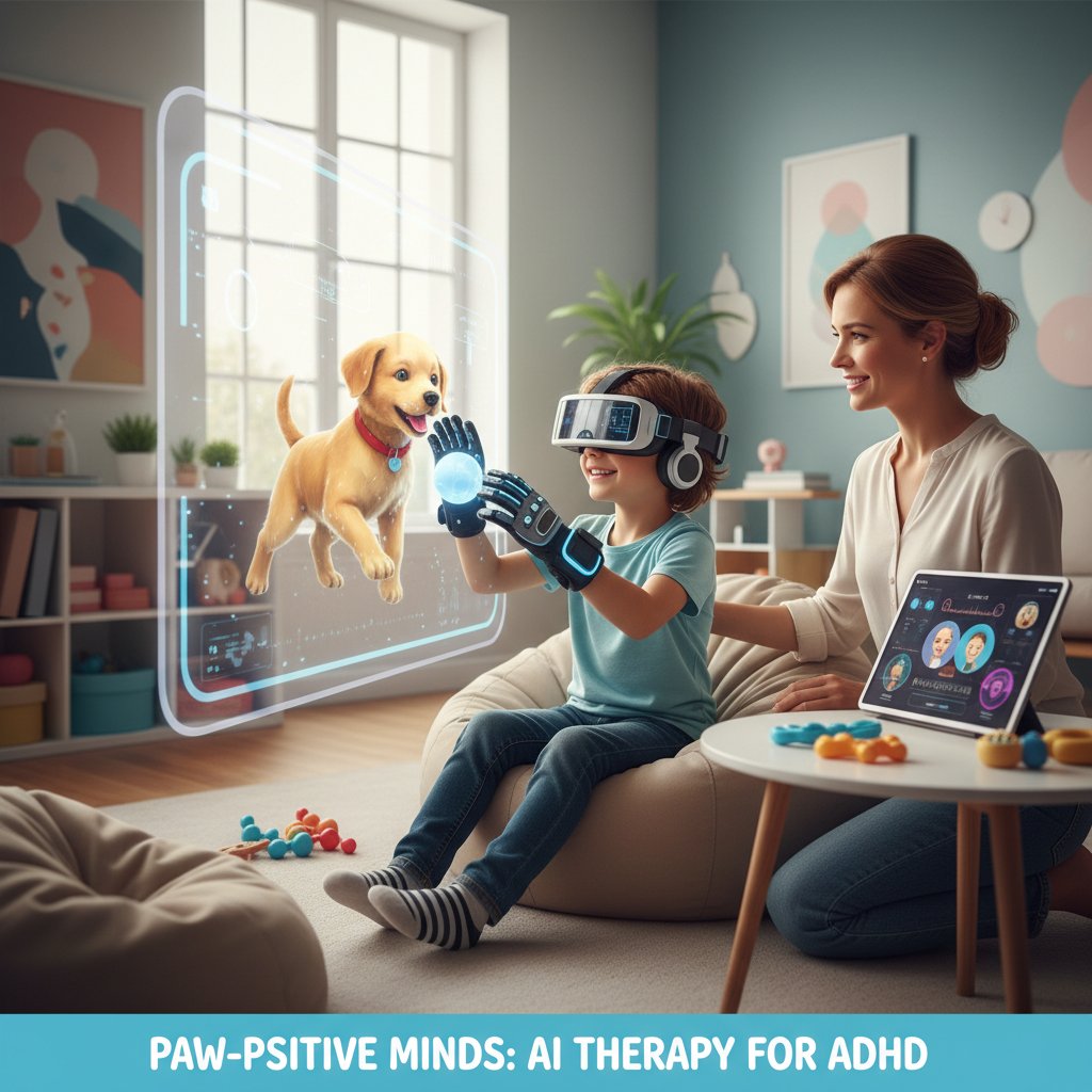 Dziecko korzystające z aplikacji AI symulującej psa – nowoczesna technologia w terapii ADHD