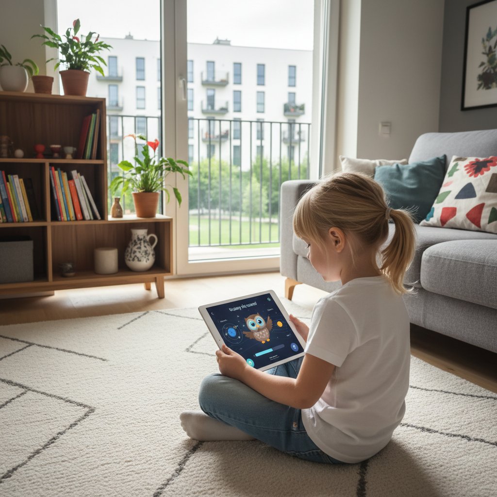 Dziecko korzysta z aplikacji edukacyjnej AI na tablecie, nowoczesny wygląd, polskie otoczenie