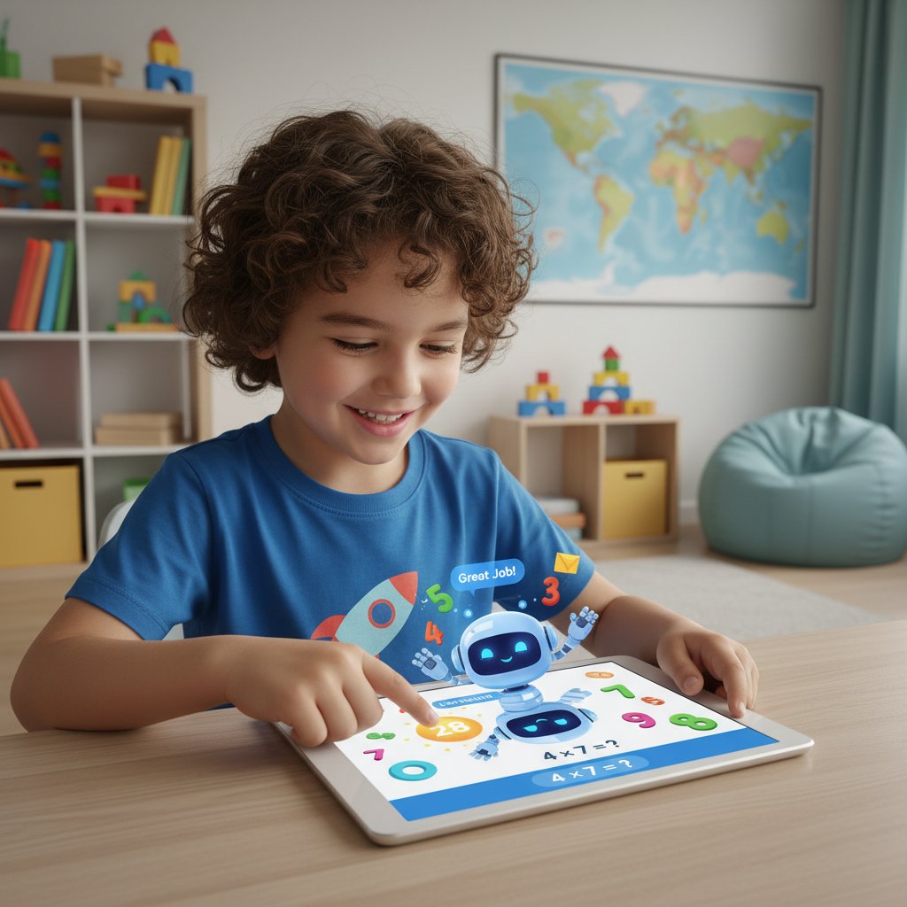 Dziecko korzystające z aplikacji do nauki mnożenia, AI tutor, nowoczesna edukacja