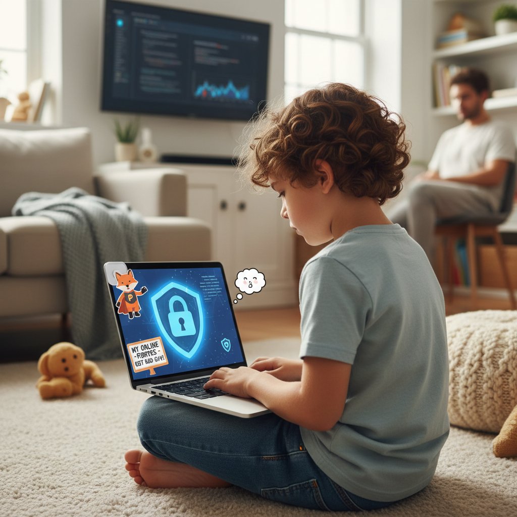 Dziecko korzystające z laptopa, ekran w cieniu, symbol bezpieczeństwa — cyberbezpieczeństwo korepetycji online