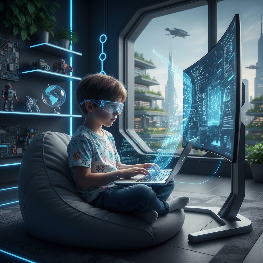 Dziecko obsługujące nowoczesny laptop, ikony aplikacji, cyfrowe środowisko — kompetencje przyszłości