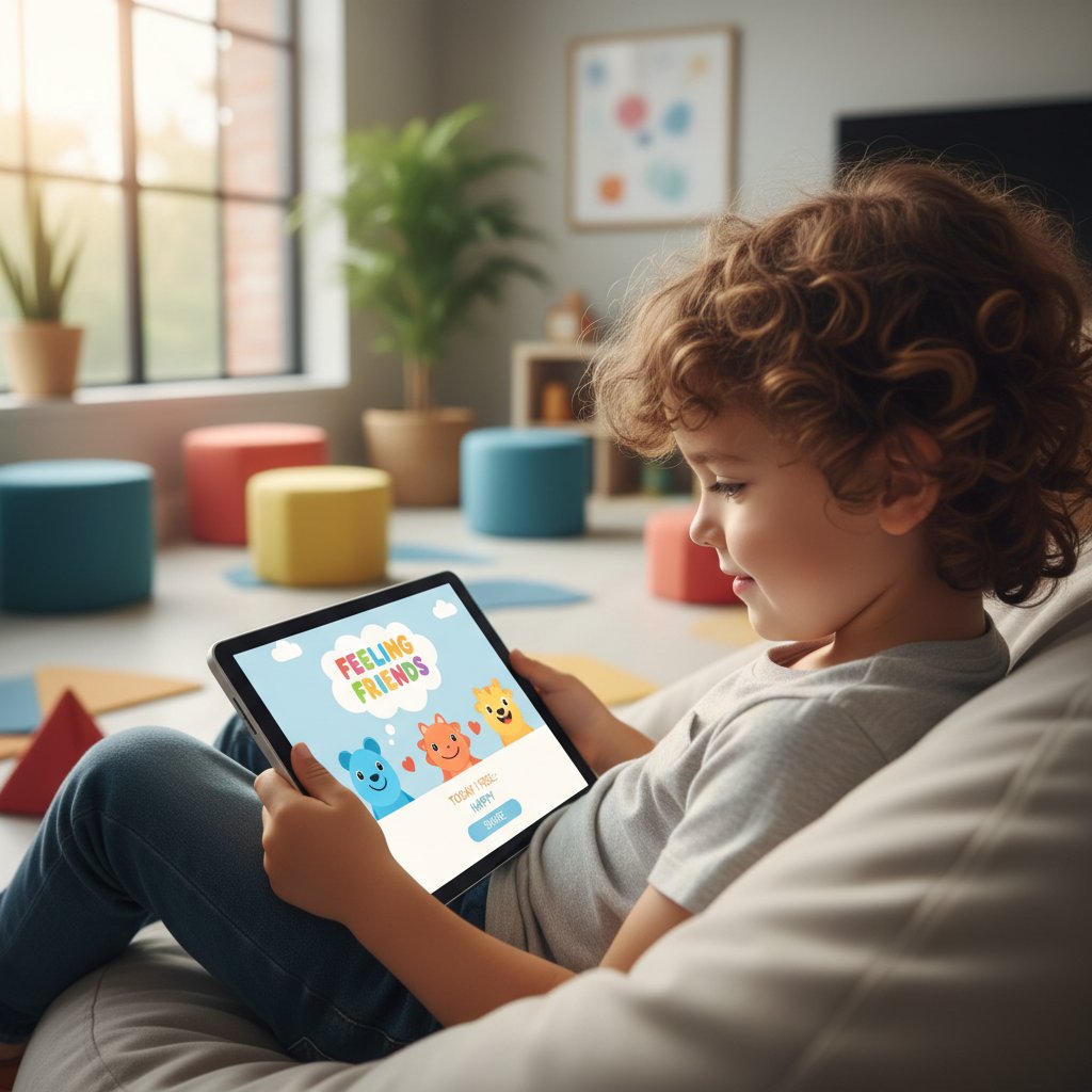 Dziecko korzystające z tabletu z aplikacją do wsparcia emocjonalnego, przedszkole, nowoczesna technologia