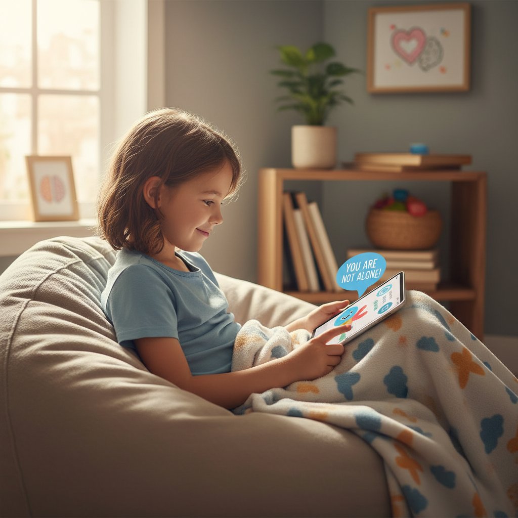 Kind nutzt ein Tablet zur emotionalen Unterstützung während der Pandemie – Szene voller Licht und Nachdenklichkeit