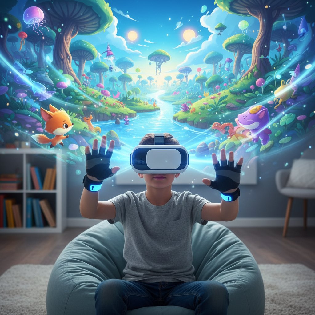 Child exploring VR kids movie experience, immersive animated world