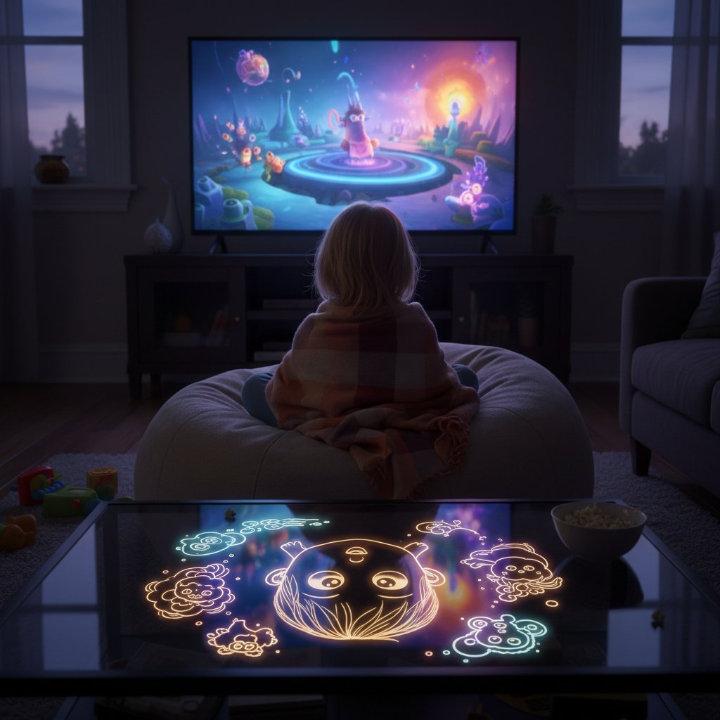 Child reflecting on animated movie characters, close-up, psychological impact of kids movies