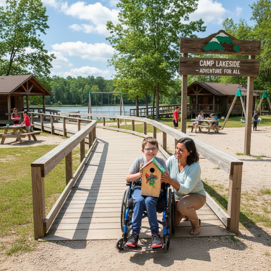 Dziecko na wózku inwalidzkim z opiekunem na terenie przystosowanego ośrodka