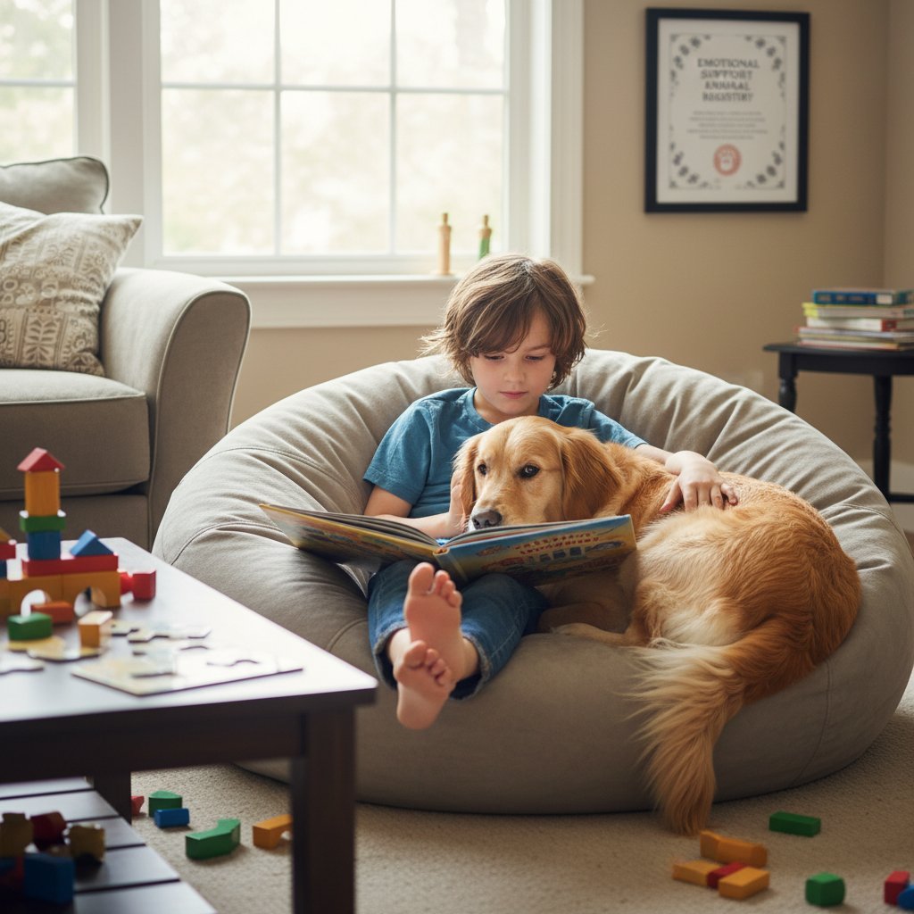 Dziecko z ADHD przytula psa w domowym zaciszu – emocjonalne wsparcie w terapii ADHD