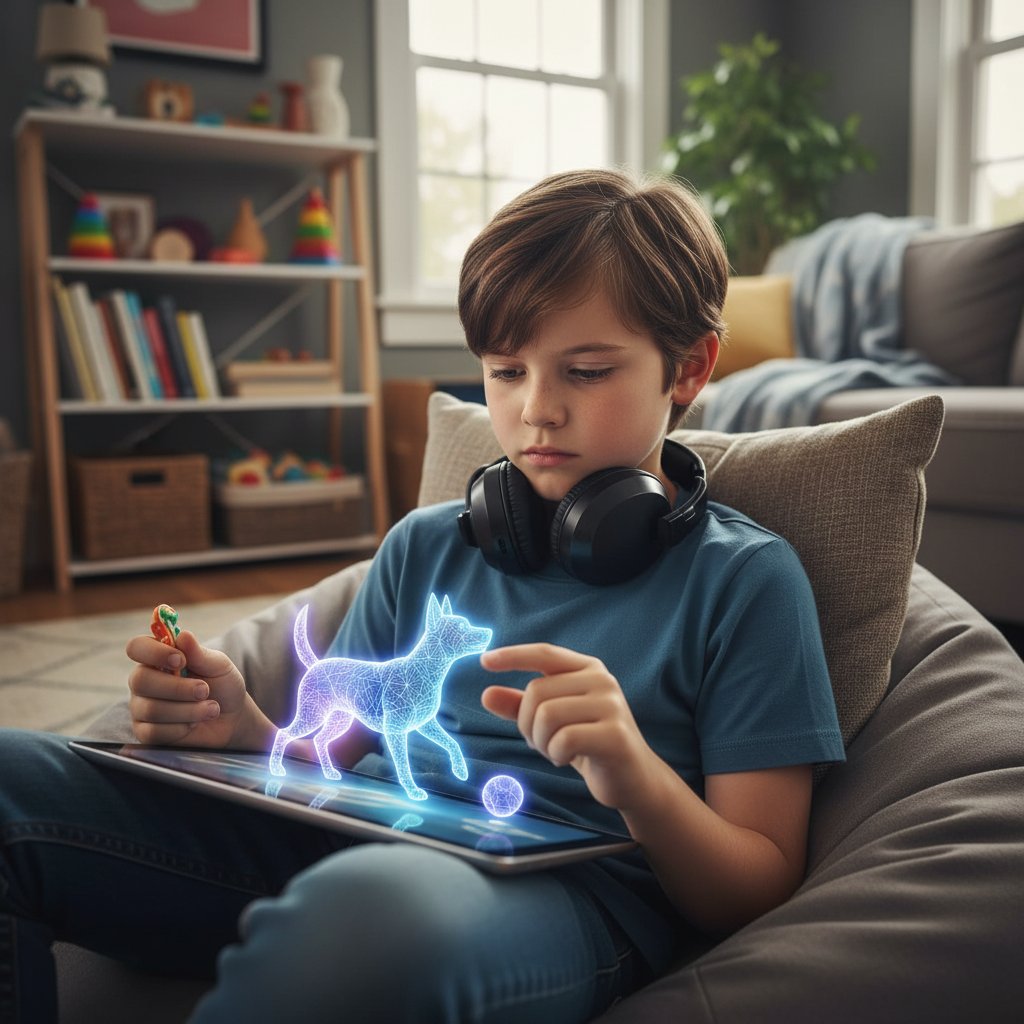 Dziecko z zespołem Aspergera korzystające z gry edukacyjnej z psem na tablecie