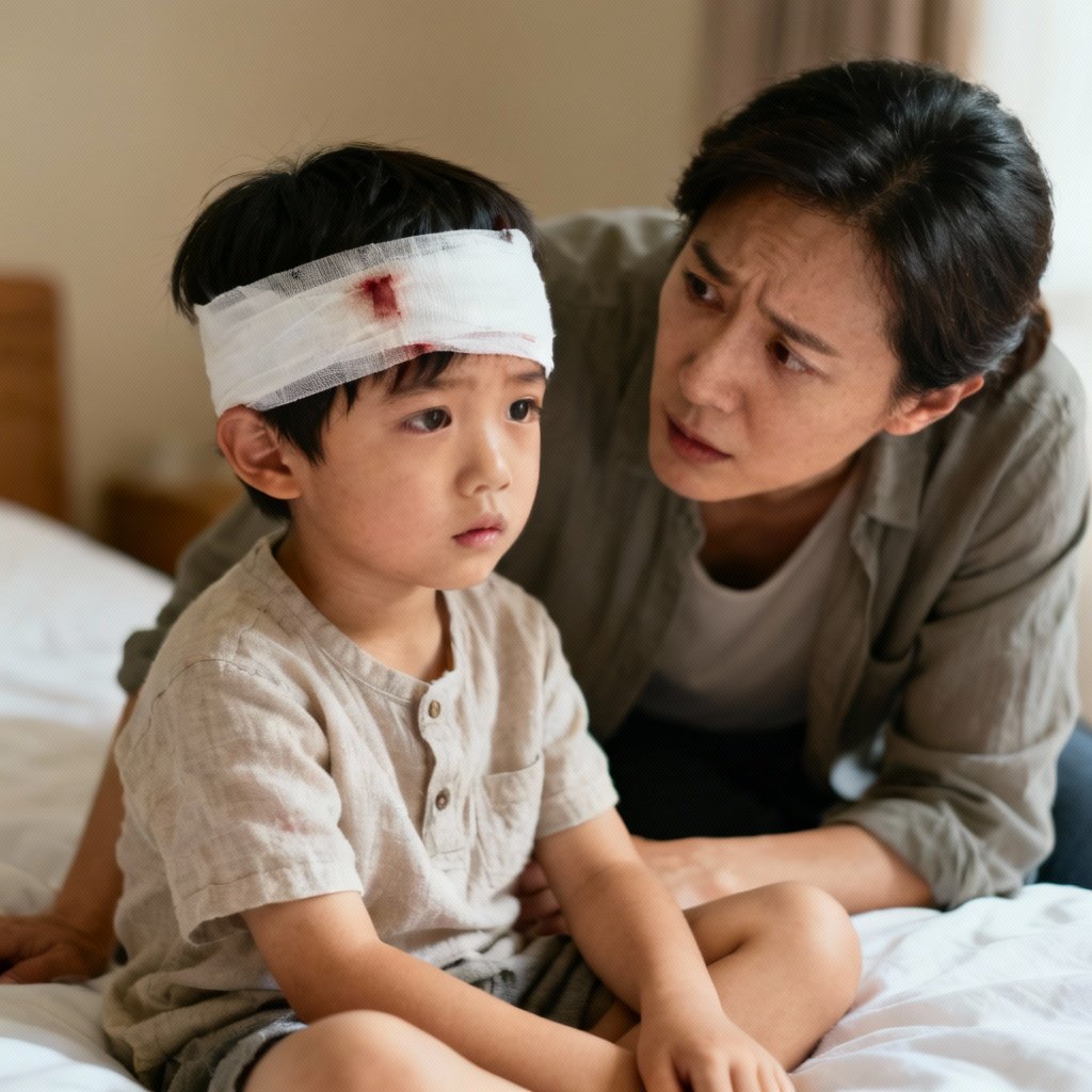 Fotografia dziecka z plastrem na czole, rodzic obserwuje objawy