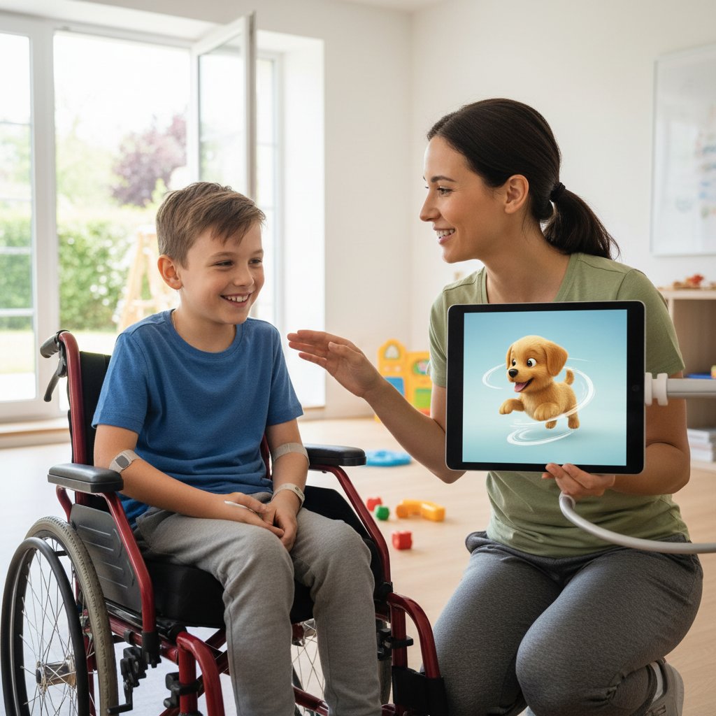 Dziecko z niepełnosprawnością bawi się wirtualnym psem na tablecie, terapeuta obok