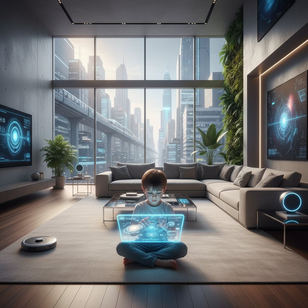 Dziecko z tabletem w domowym środowisku, symbolizujące nowoczesne kamienie milowe rozwoju