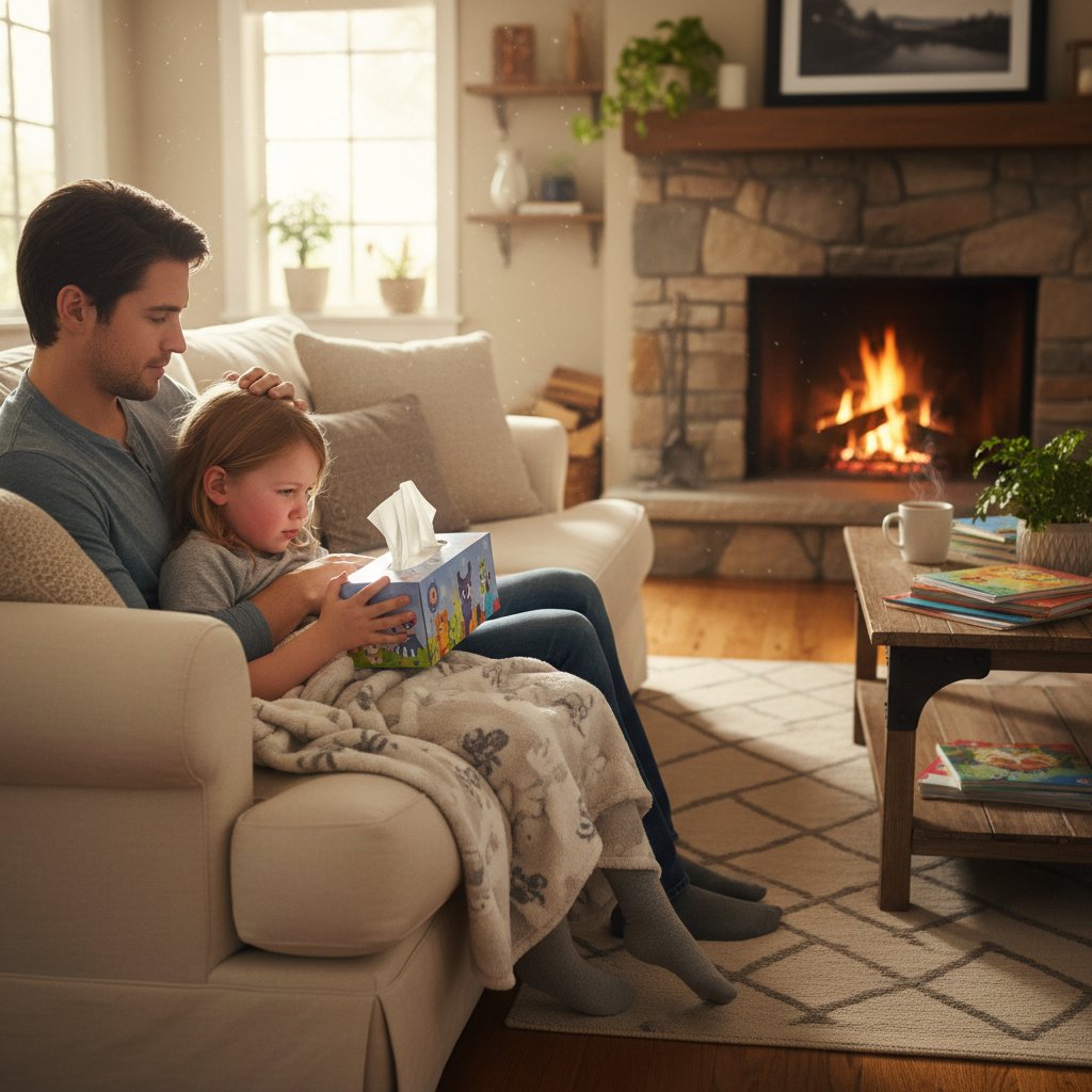 Objawy polipa nosa u dziecka, dziecko z chusteczkami i troskliwym rodzicem w przytulnym domu