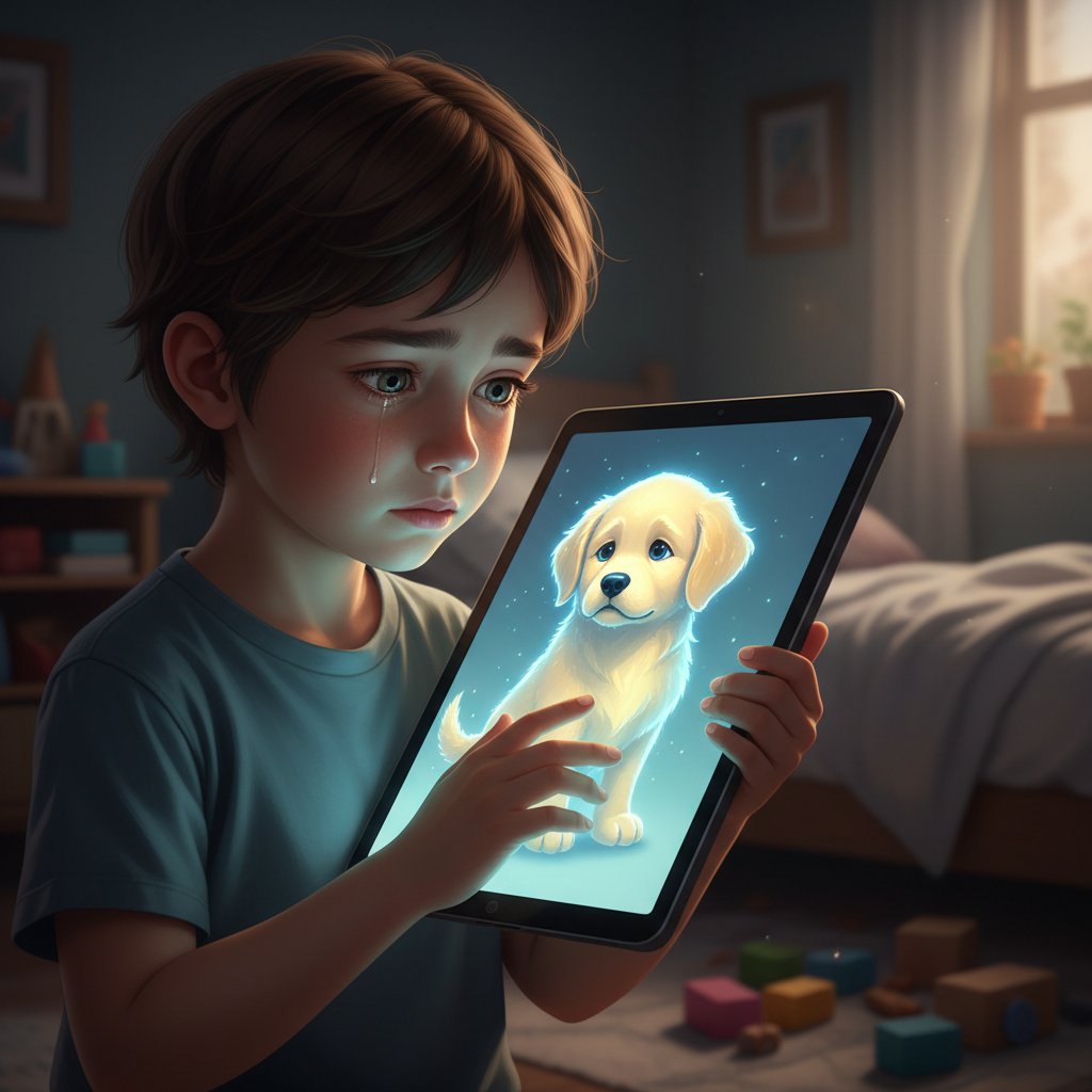 Dziecko przytulające wirtualnego psa na ekranie tabletu, emocjonalna scena