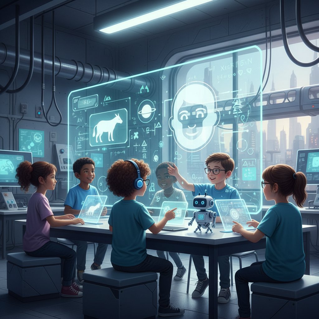 Dzieci uczące się z AI w szkolnej pracowni – przyszłość relacji człowieka z AI