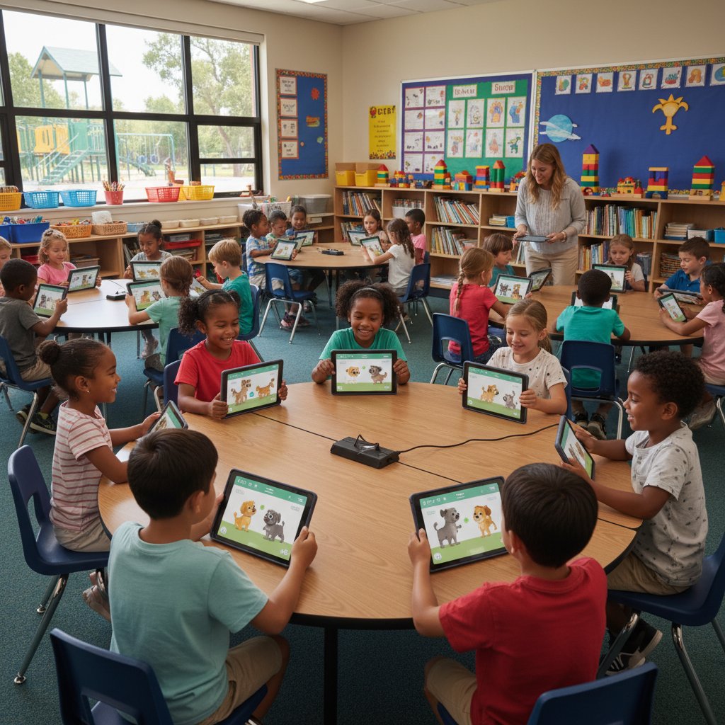 Dzieci uczące się opieki nad psem w klasie za pomocą tabletów z symulatorami