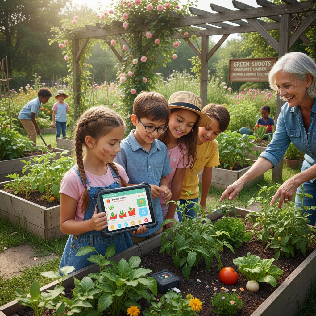 Grupa dzieci w ogrodzie społecznym, prezentacja aplikacji monitorującej rośliny na tablecie