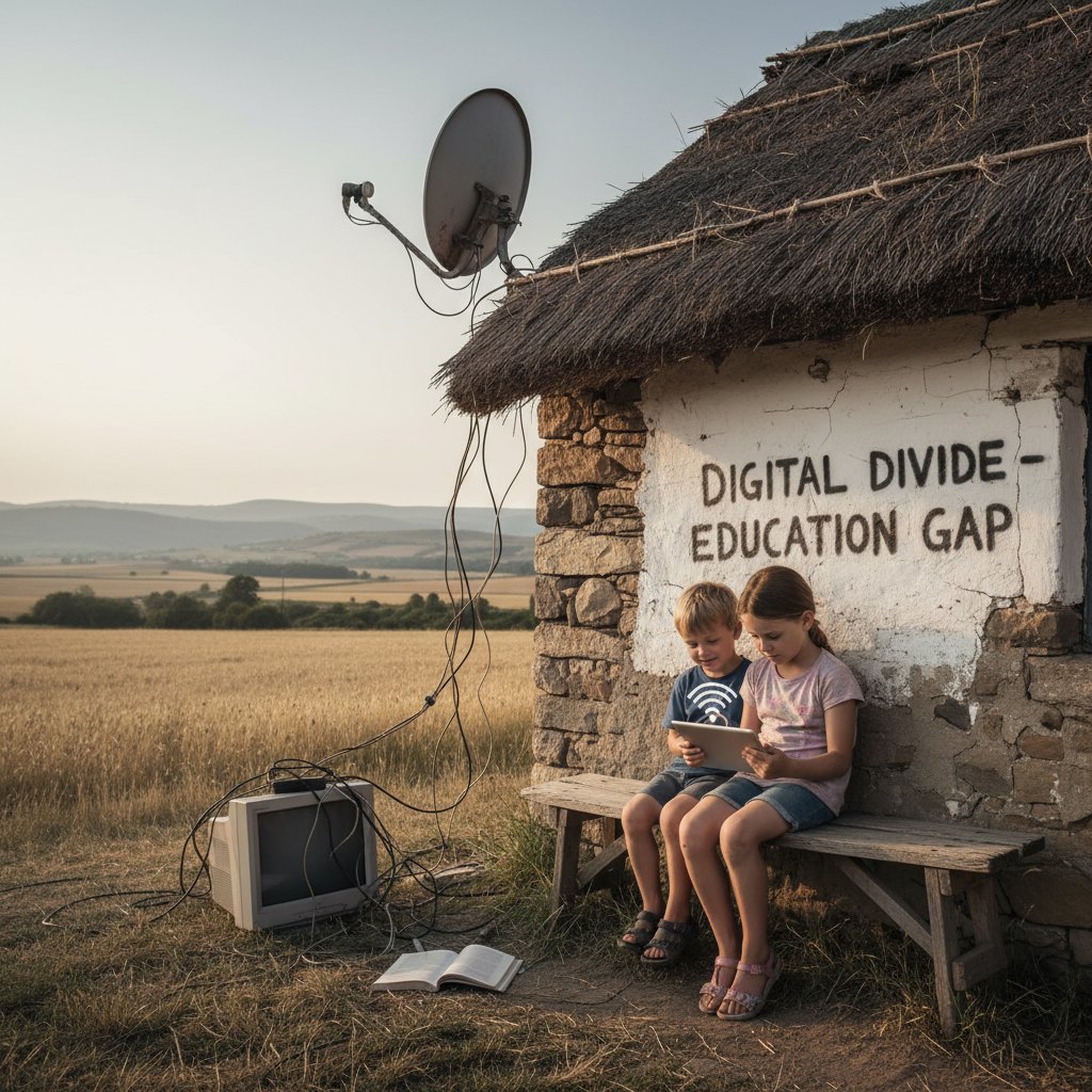 Dwójka dzieci uczących się na komputerze w wiejskim domu, widoczne ograniczenia infrastruktury – cyfrowe nierówności