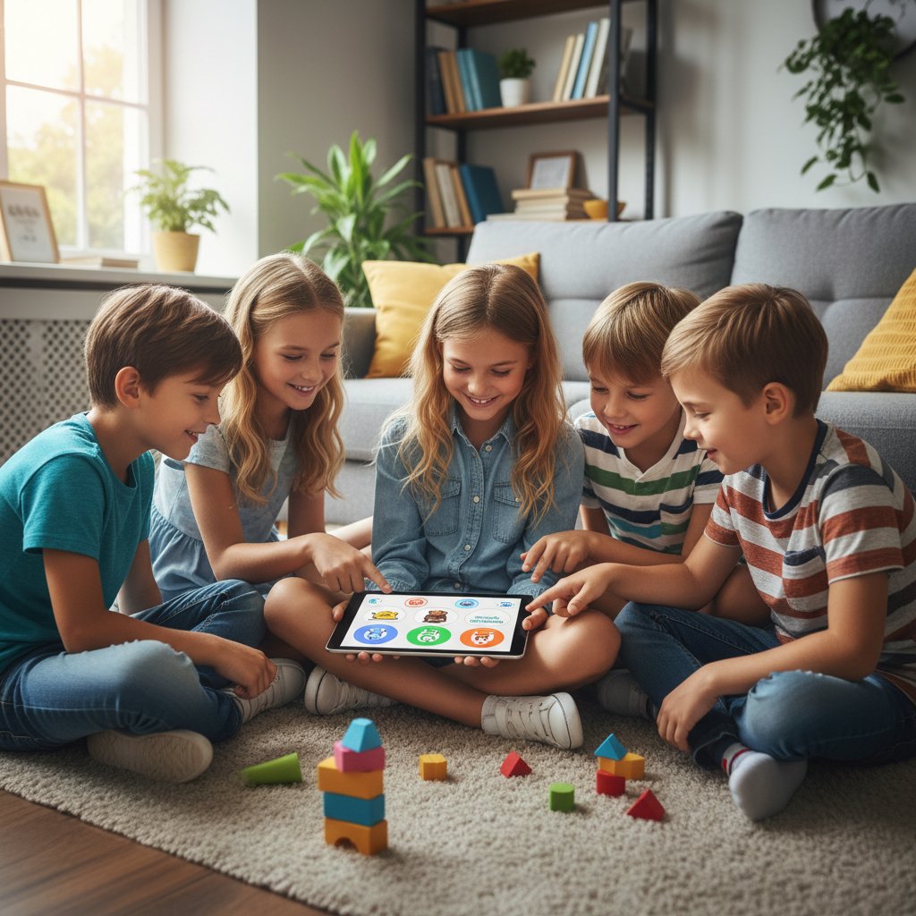 Grupa dzieci grająca razem w grę edukacyjną rozwijającą empatię na tablecie