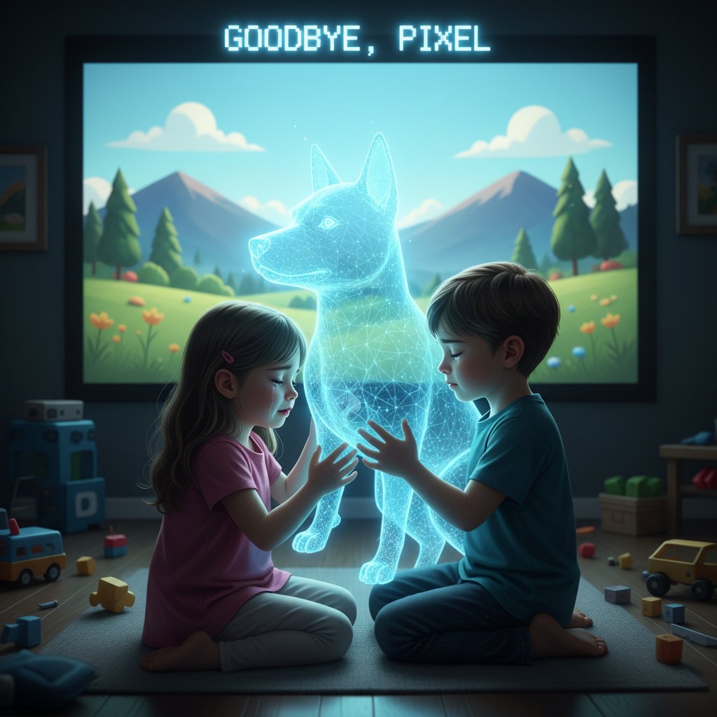 Dwoje dzieci przytula się do ekranu z wirtualnym psem, emocjonalna scena