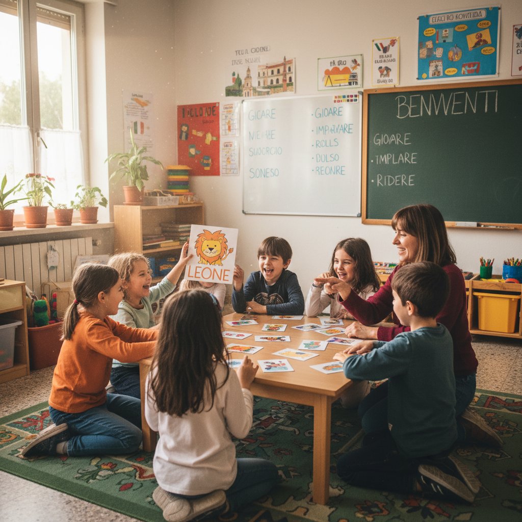 Dzieci bawiące się w gry językowe w klasie włoskiego, kolorowe fiszki i radość