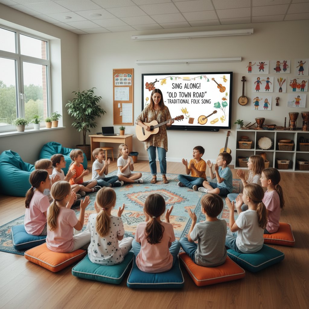 Dzieci uczą się śpiewu ludowego podczas interaktywnej lekcji w nowoczesnej klasie