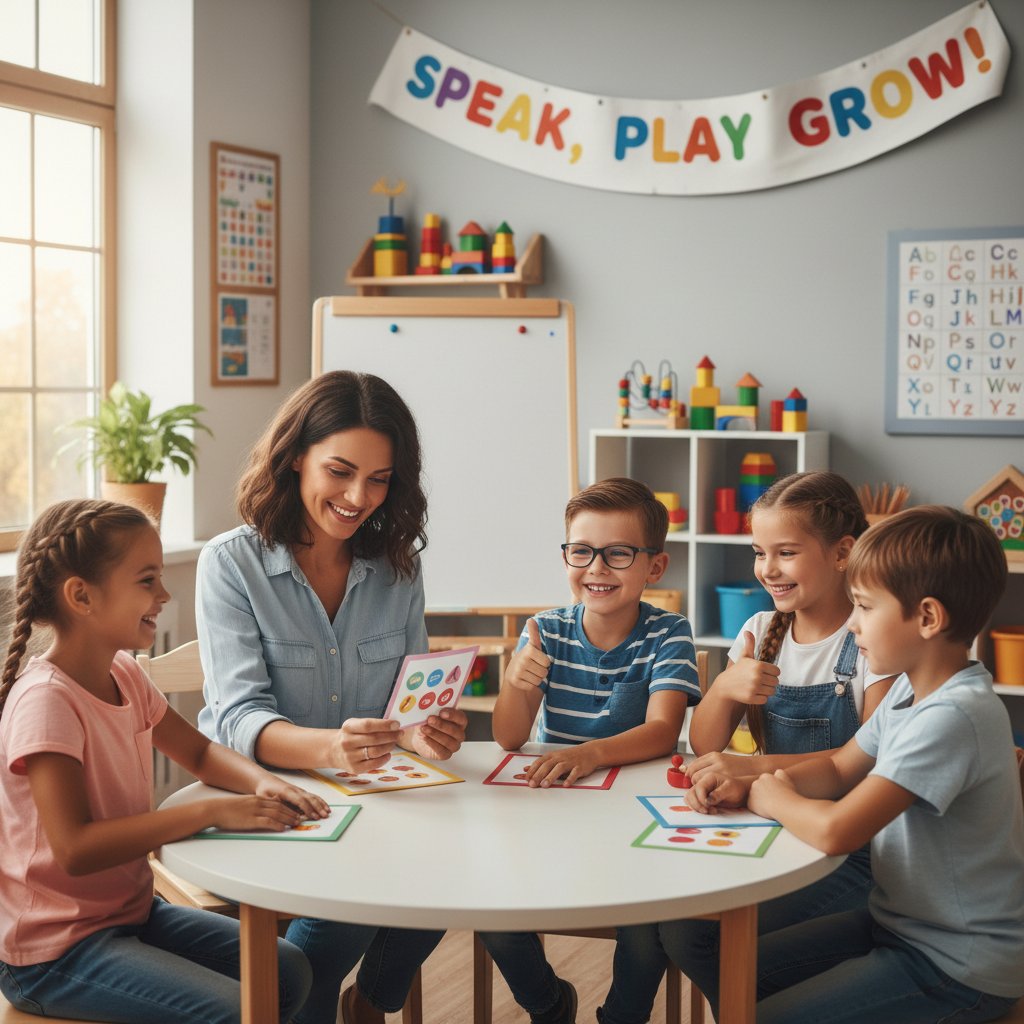 Grupa dzieci z uśmiechem uczestniczy w zajęciach logopedycznych, radość i wsparcie