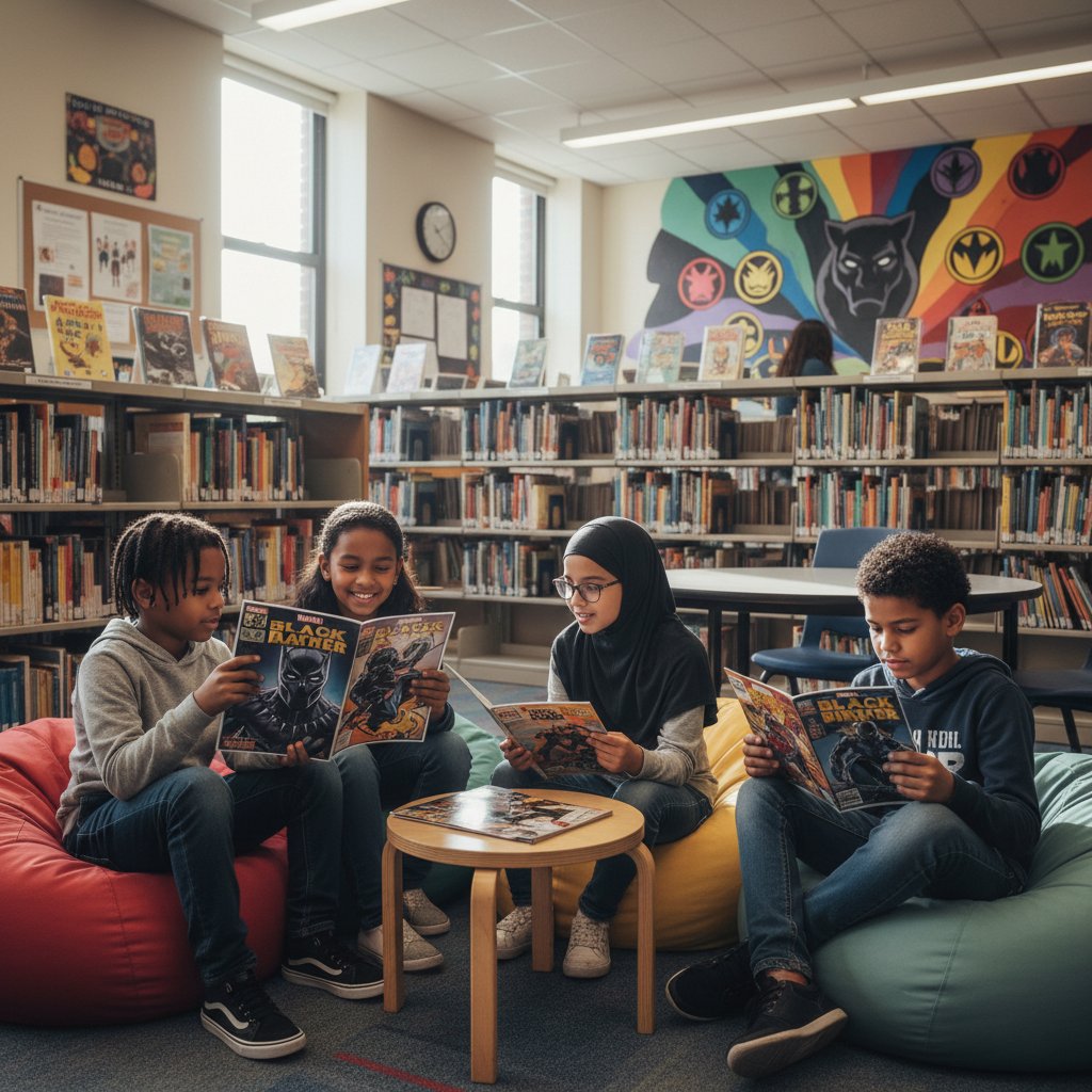 Children reading Black Panther comics in a library, inspired expressions, youth engagement