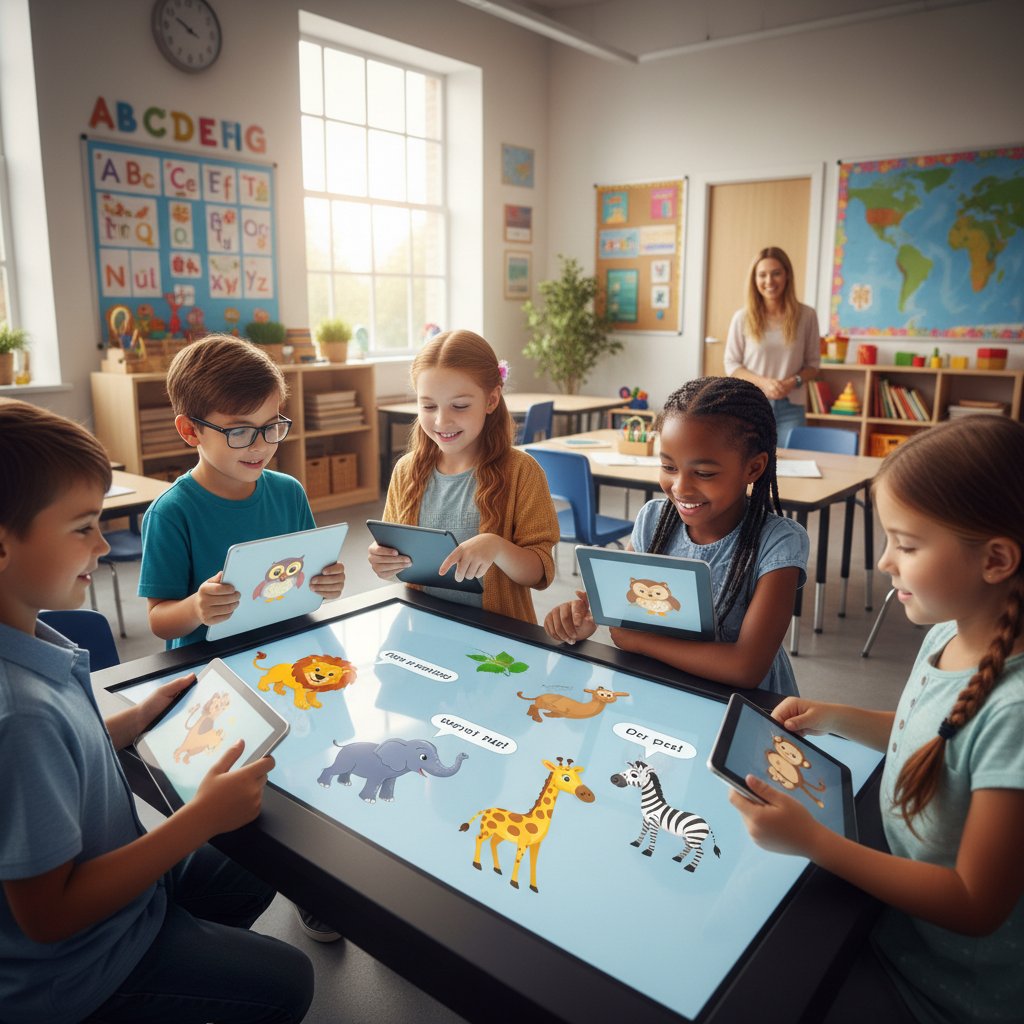 Grupa dzieci podczas zajęć szkolnych korzystająca z aplikacji edukacyjnej o zwierzętach