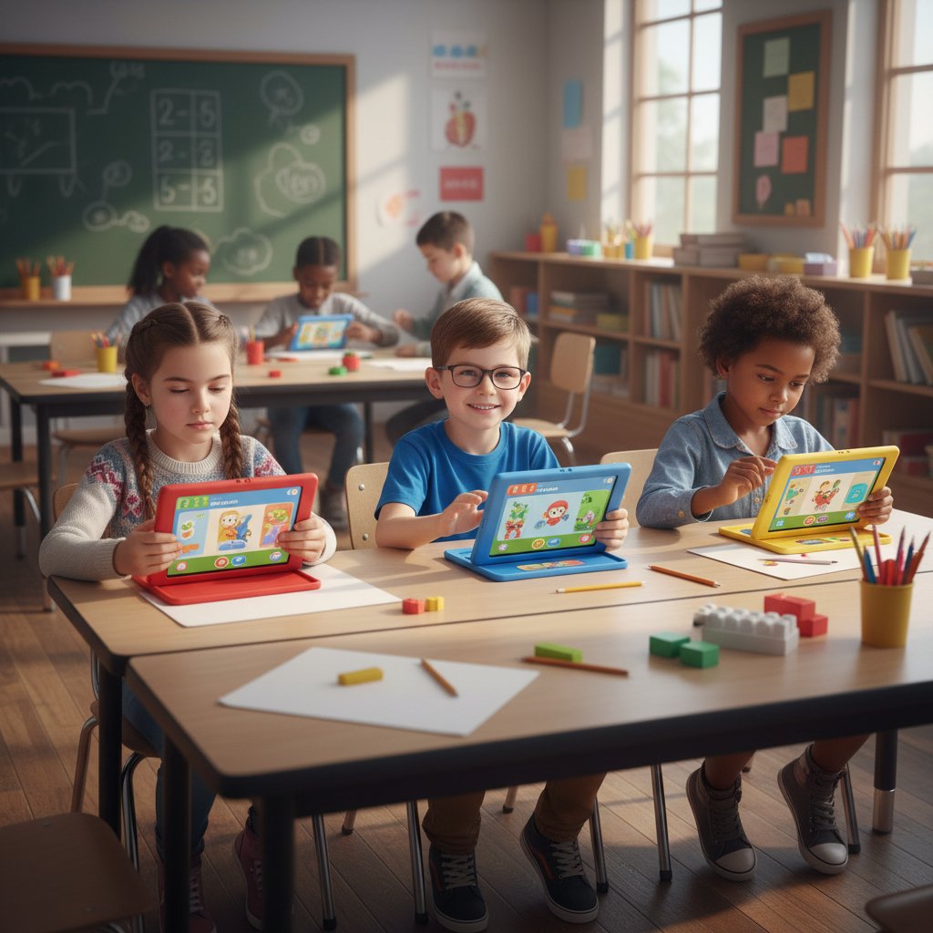 Grupa dzieci wpatrzona w ekrany tabletów, jedno z widocznym zezem, tło sala lekcyjna