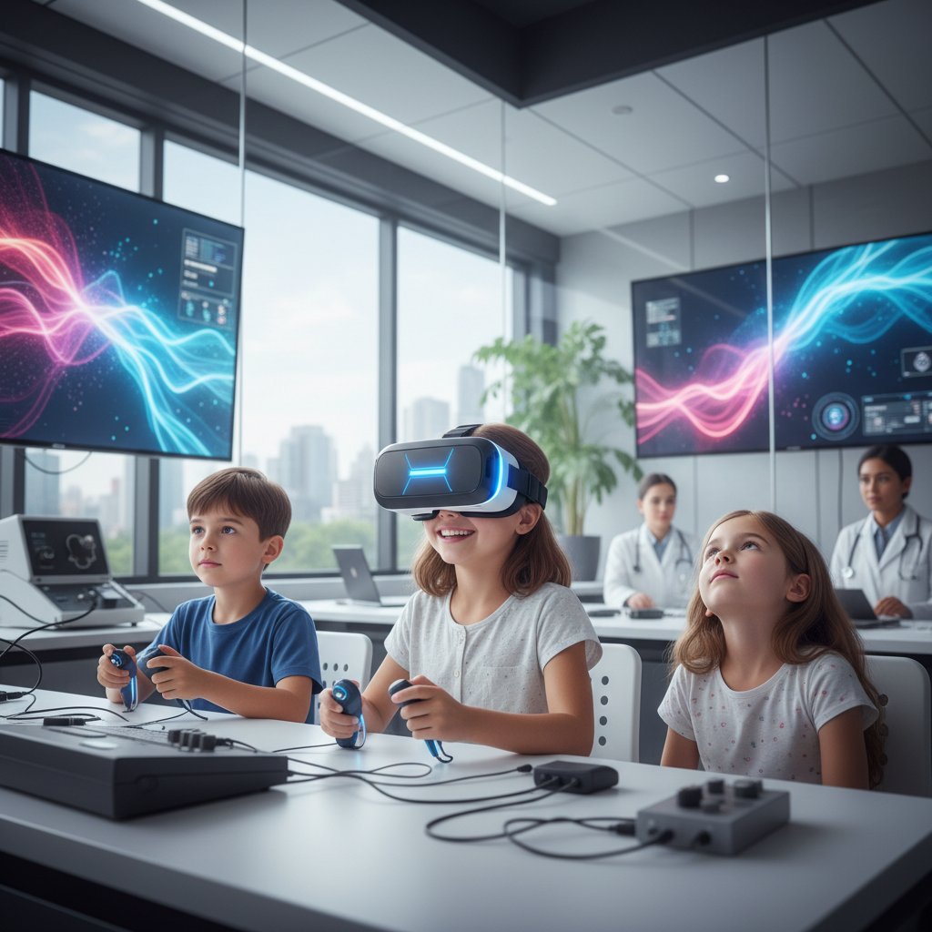 Laboratorium okulistyczne, dzieci testujące VR w terapii zeza, atmosfera nadziei i zaangażowania