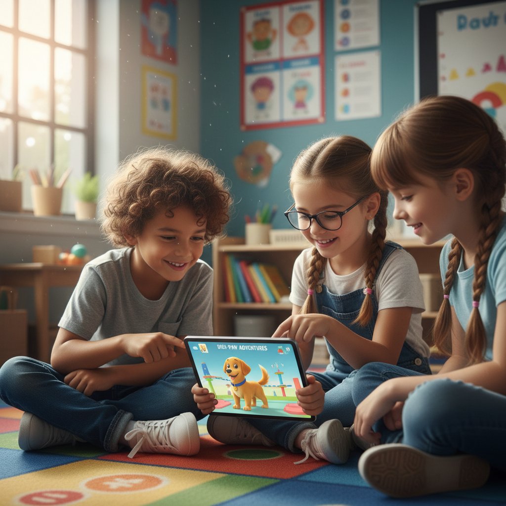 Dzieci bawiące się z tabletem w klasie podczas zajęć z wirtualnym pieskiem